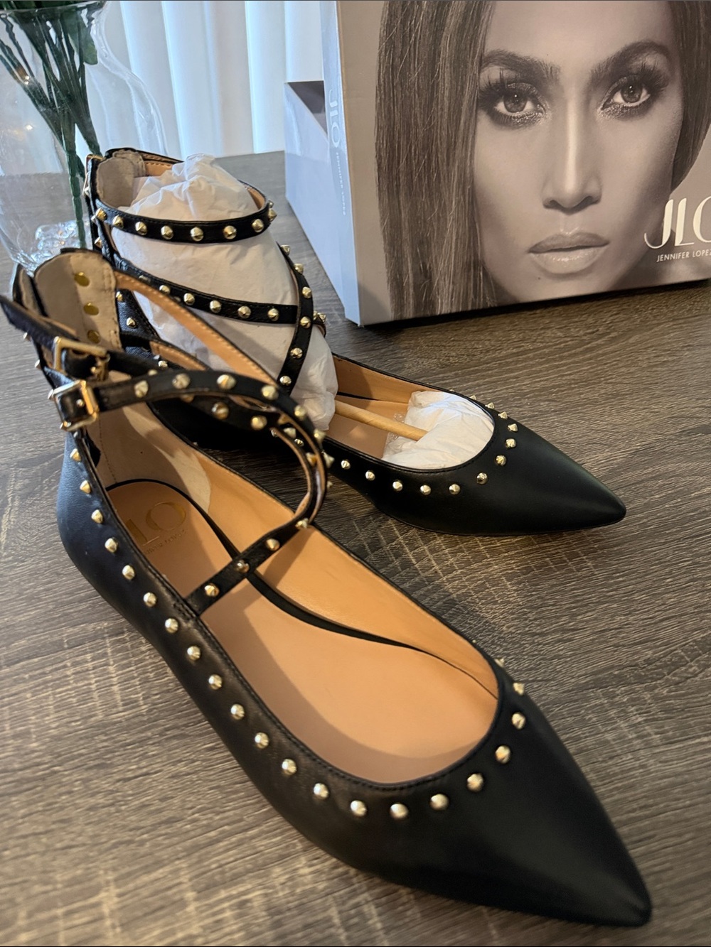 Jennifer Lopez Black Pointed Studded Strappy Flats